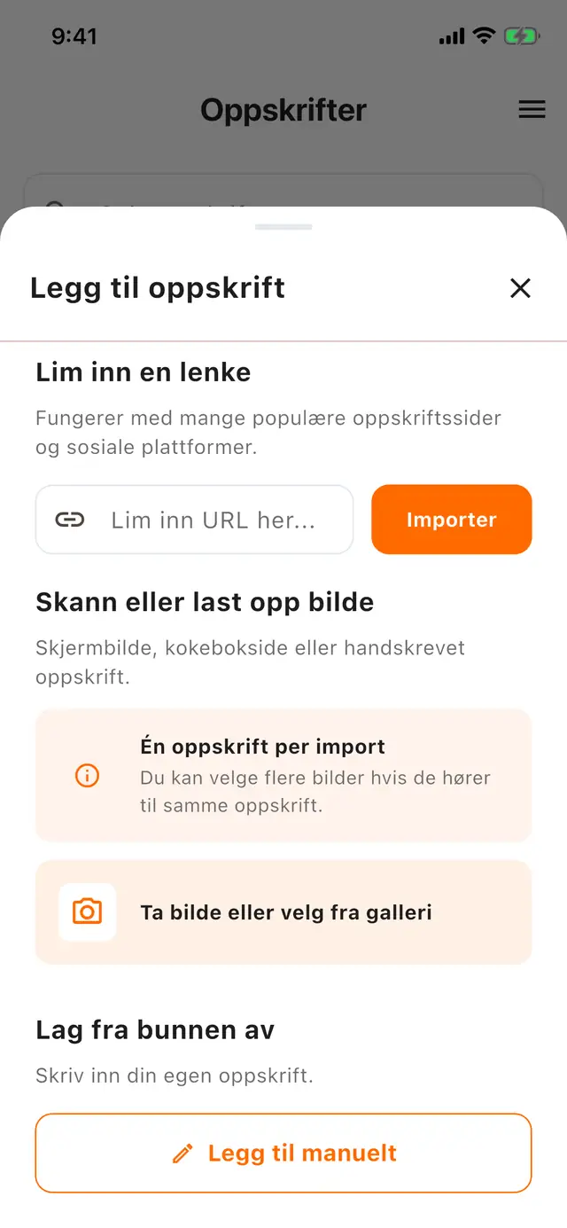 Arket Legg til oppskrift på en mobil: et felt for å lime inn en lenke med en importknapp ved siden av, et valg for å skanne eller laste opp et bilde og en knapp for å legge til manuelt.
