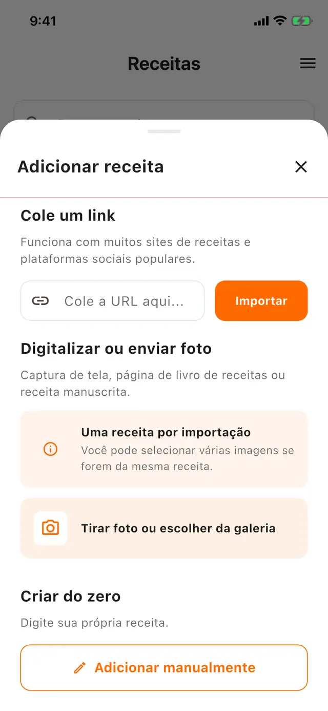 A tela Adicionar receita em um celular: um campo para colar um link com o botão de importar ao lado, uma opção para escanear ou enviar uma foto e um botão para adicionar manualmente.