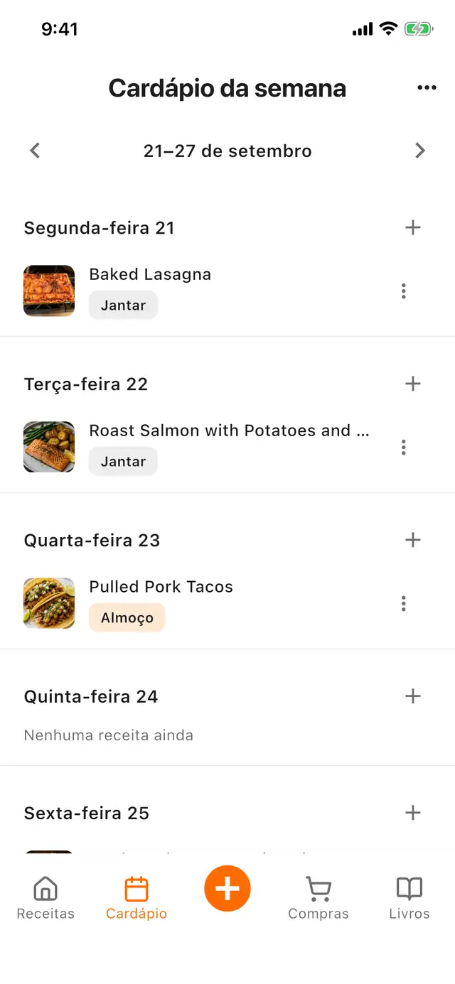 O cardápio semanal em um celular, com receitas nos dias em que serão preparadas e marcadas como almoço ou jantar.