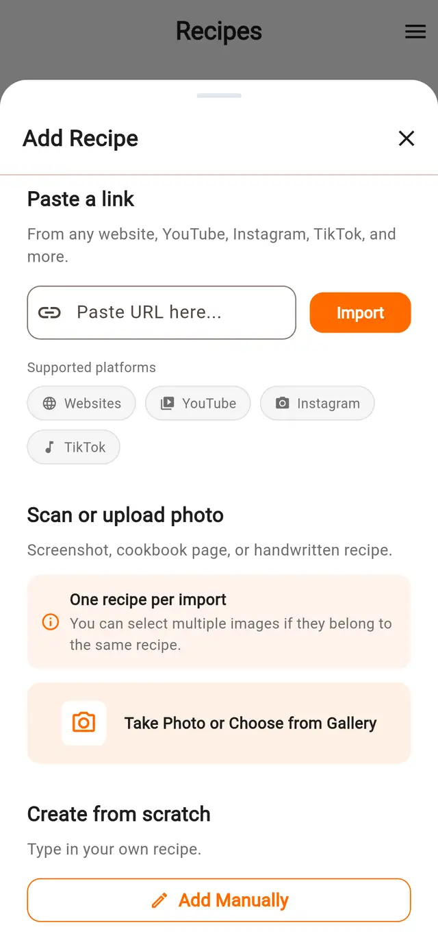 The Add Recipe sheet on a phone: a field to paste a link, with the platforms Simmer reads listed beneath it, plus options to scan a photo or add a recipe manually.