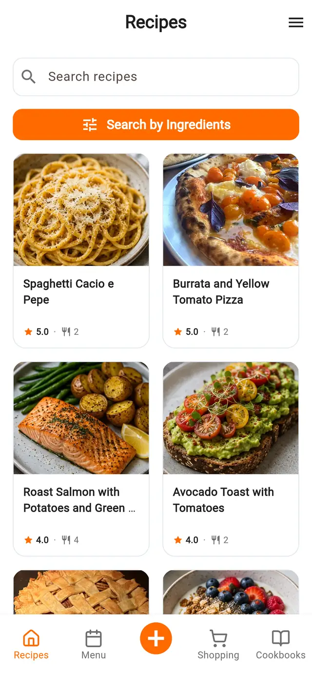 The Simmer recipe library on a phone: a search field, a Search by Ingredients button, and a grid of saved recipe cards, each with a photograph of the dish, its rating and how many it serves.