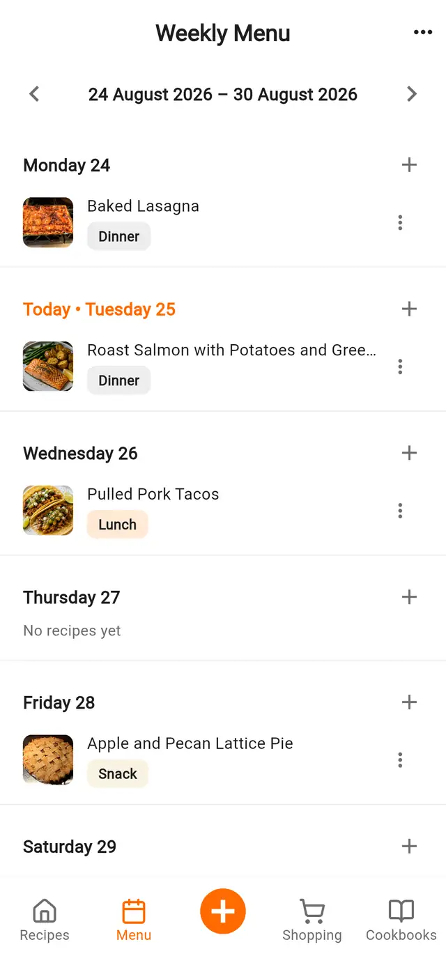 The weekly menu on a phone, with recipes placed on the days they'll be cooked and labelled lunch, dinner or snack.