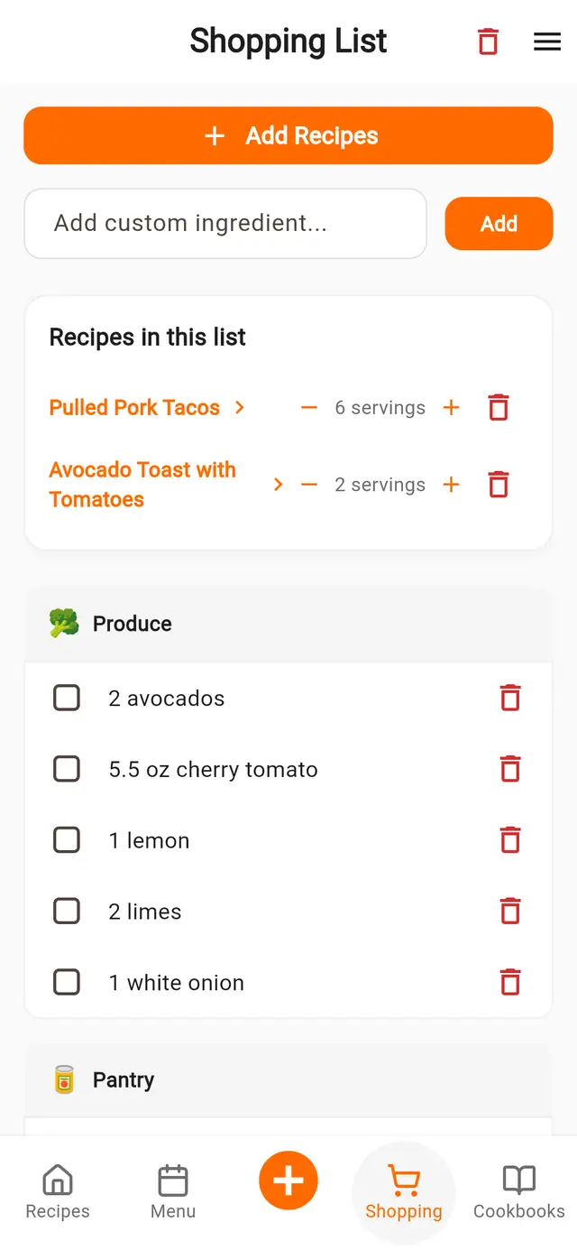 A shopping list on a phone, grouped into categories, built from two recipes.