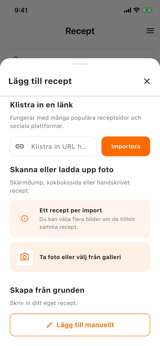 Arket Lägg till recept i en mobil: ett fält för att klistra in en länk med en importknapp bredvid, ett alternativ för att skanna eller ladda upp en bild och en knapp för att lägga till manuellt.