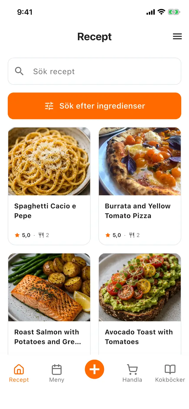 Simmers receptbibliotek i en mobil: ett sökfält, en knapp för att söka på ingredienser och ett rutnät med sparade recept, vart och ett med ett foto av rätten, betyg och antal portioner.