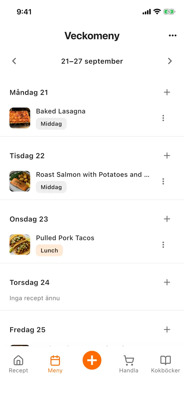 Veckomenyn i en mobil, med recept placerade på de dagar de ska lagas och märkta lunch eller middag.
